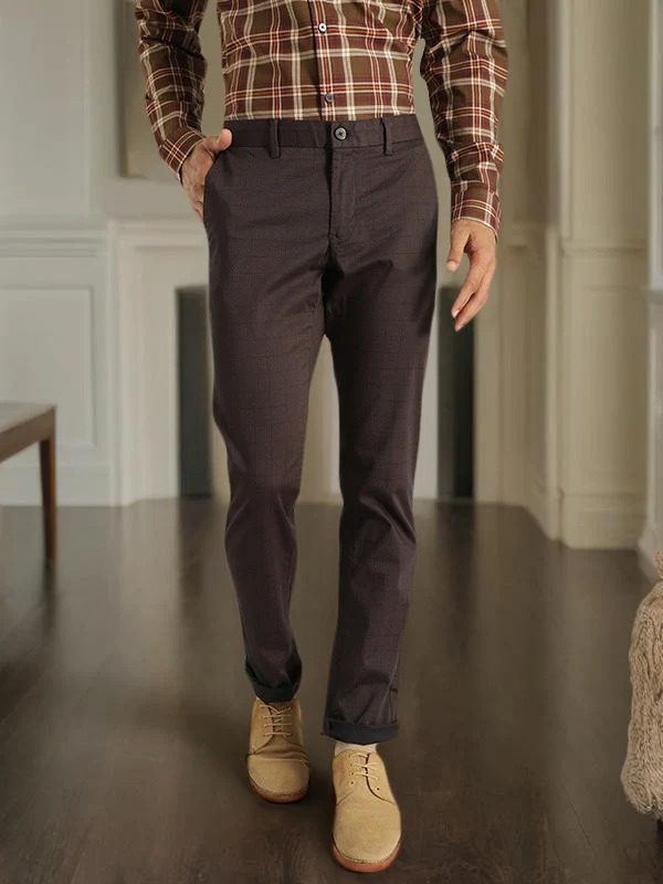 Indian Terrain Men's Slim Fit Checkered Brown Trousers